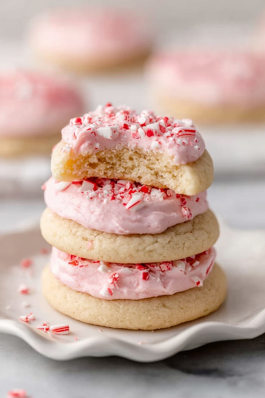 The image shows a stack of three round, soft cookies with a light beige color. Between each cookie is a thick layer of light pink frosting with small pieces of red and white candy sprinkled inside. The top cookie has a bit taken from it, revealing a soft, crumbly inside. The cookies and frosting rest on a white plate with a wavy edge, placed on a white marbled surface. The background is soft and blurred with more cookies out of focus. Photo taken with an iphone --ar 2:3 --v 7