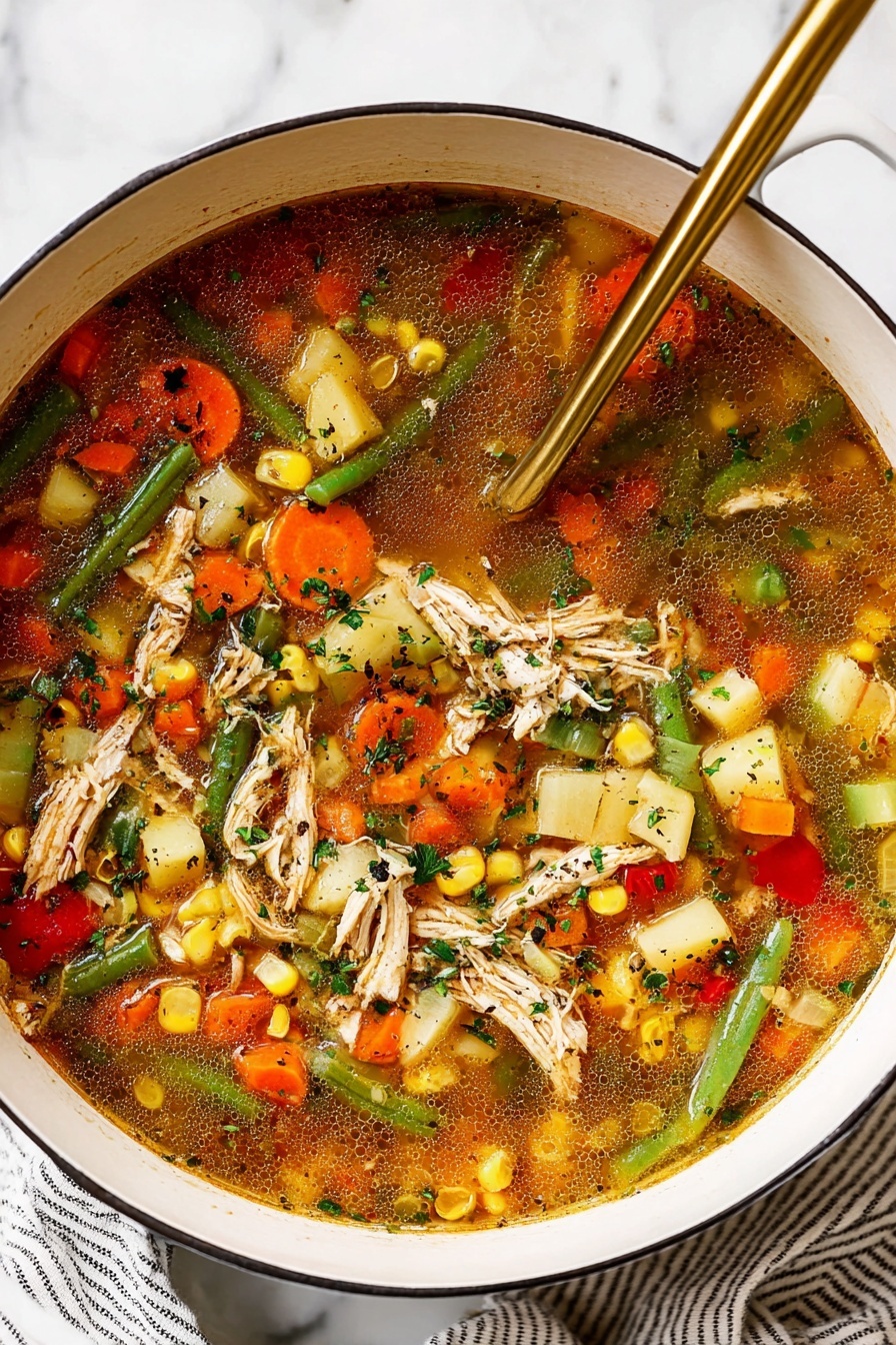 A white pot filled with a colorful chicken soup showing three main layers: a clear brown broth with herbs and black pepper, shredded light brown chicken pieces scattered evenly, and a mix of vegetables on top including orange sliced carrots, green beans, light yellow potato cubes, yellow corn kernels, red bell peppers, and pale celery slices. The ingredients float together with small green chopped herbs sprinkled across the surface. A golden ladle with a long handle rests inside the pot, partially submerged in the soup. The pot sits on a white marbled surface with a folded striped cloth nearby. Photo taken with an iphone --ar 2:3 --v 7