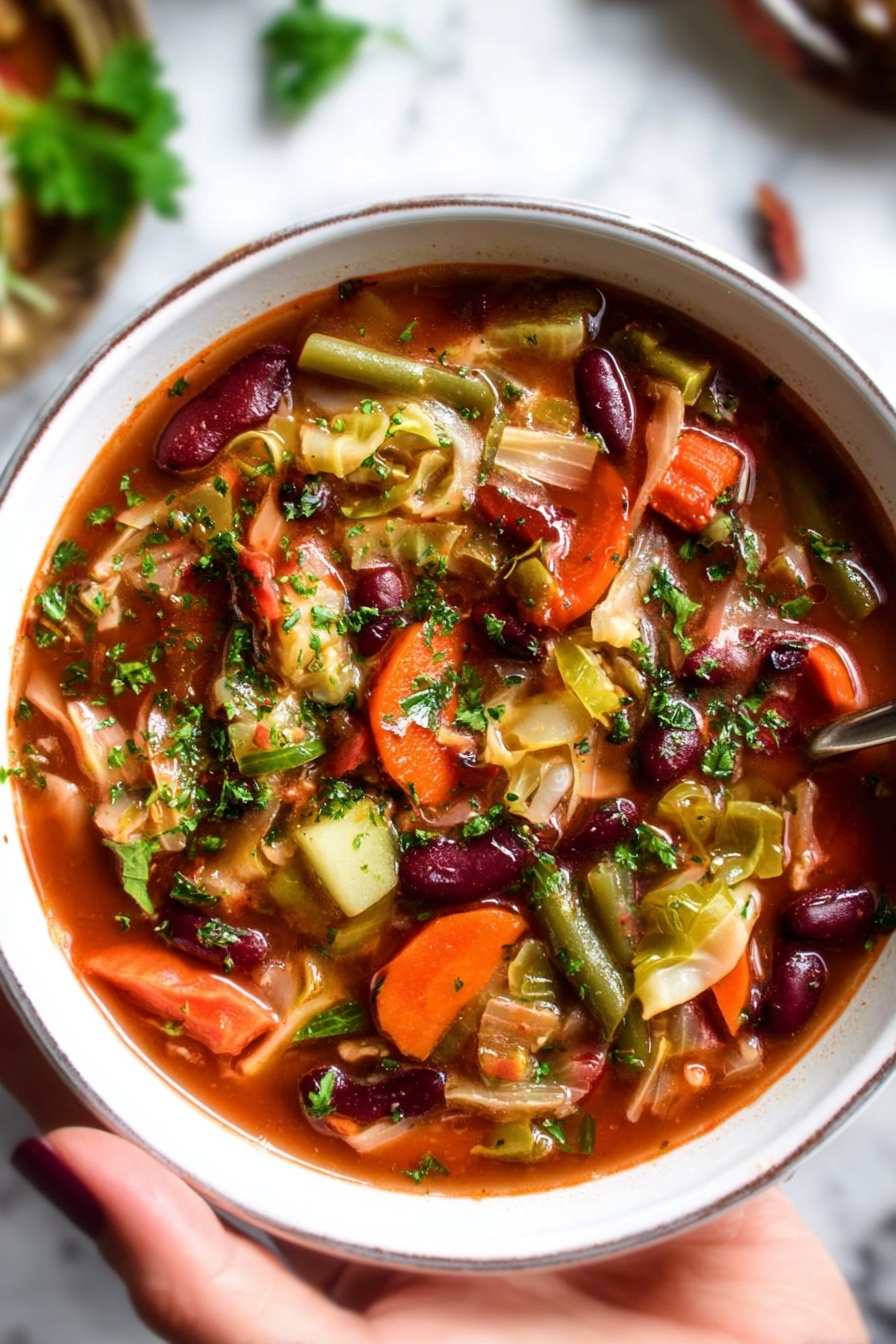 A bowl filled with a colorful vegetable soup that has five main layers of ingredients: the bottom layer is a thick deep red broth, above it there are cut pieces of orange carrot slices and chunky pale yellow potato cubes, next there are dark red kidney beans scattered around, then a mix of light green celery pieces and light brown mushroom slices, topped with a sprinkle of finely chopped fresh green herbs. The bowl is white with a thin brown rim and sits on a white marbled surface with parts of a striped cloth at the side. photo taken with an iphone --ar 2:3 --v 7