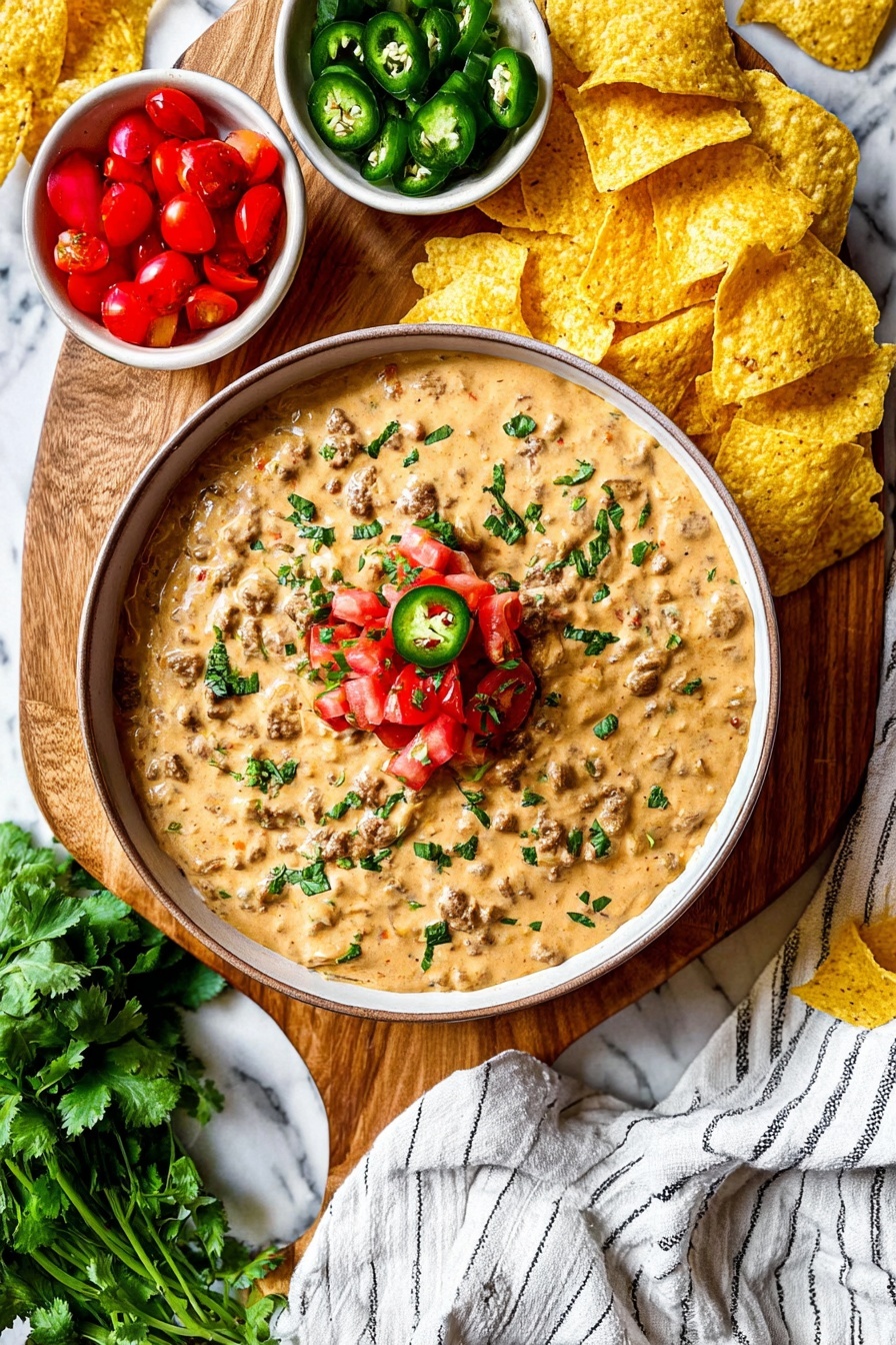 A large round bowl filled with thick creamy beige dip mixed with bits of browned meat. On top of the dip, there is a small pile of bright red chopped tomatoes, thin green jalapeño slices, and scattered chopped green herbs. The bowl sits on a wooden cutting board with a white marbled background. Around the bowl are several yellow corn tortilla chips, a small white bowl with more chopped tomatoes, and another small white bowl filled with sliced green jalapeños. A bunch of fresh green cilantro is placed near the bottom left corner, and a white cloth with thin black stripes is draped on the right side. photo taken with an iphone --ar 2:3 --v 7