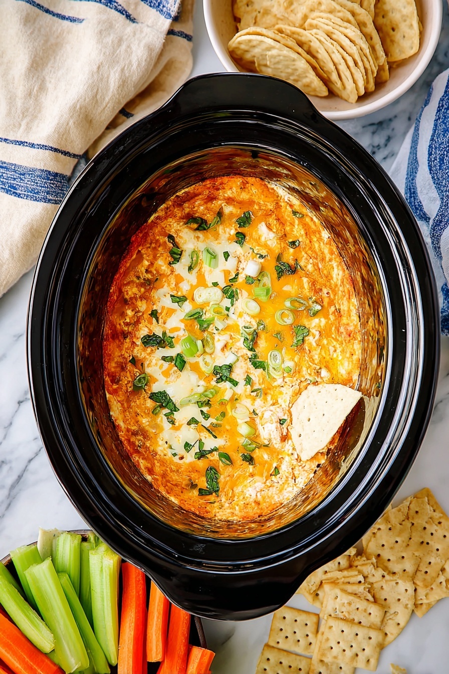 A black slow cooker filled with a baked dip that has a textured, creamy orange layer as the base, topped with melted cheese patches in light yellow and white, and sprinkled with chopped green herbs and sliced green onions; the dish features a single beige chip dipped in it near the edge. Surrounding the cooker, there is a white bowl on a white marbled surface holding rectangular celery sticks and carrot sticks arranged in a bundle with bright orange and light green colors. Nearby, there is a white bowl filled with square beige crackers with ridged edges. The entire scene sits on a white marbled background with a blue and cream striped cloth partially visible. photo taken with an iphone --ar 2:3 --v 7