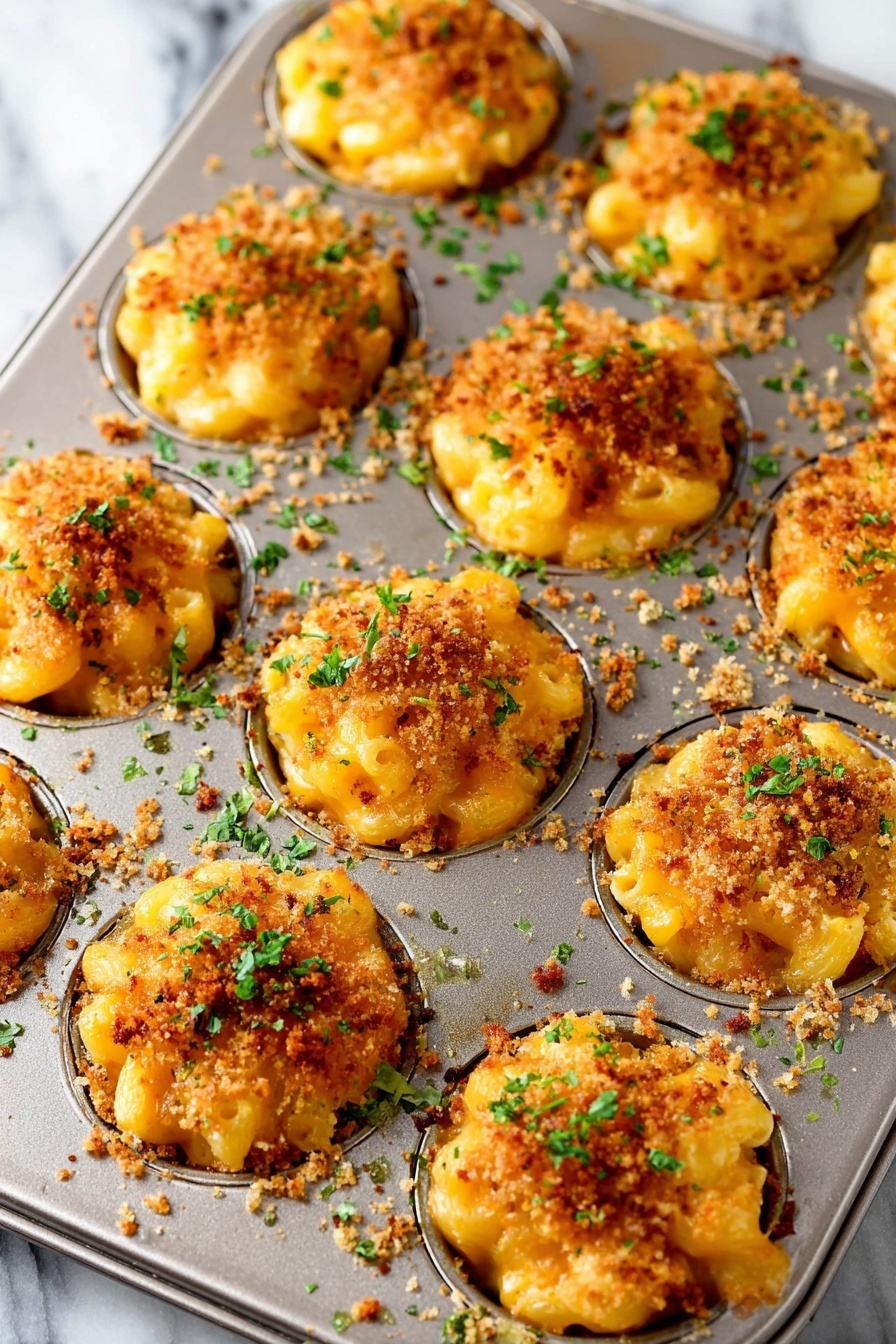 The image shows a silver muffin tray filled with twelve round, golden brown mac and cheese bites. Each bite has a thick, bubbly layer of melted yellow-orange cheese mixed with creamy macaroni. The top layer is covered with crunchy, browned breadcrumbs that add texture and a slightly darker color. Small green bits of parsley are sprinkled over each bite and on the tray for decoration. The tray rests on a white marbled surface. Photo taken with an iphone --ar 2:3 --v 7