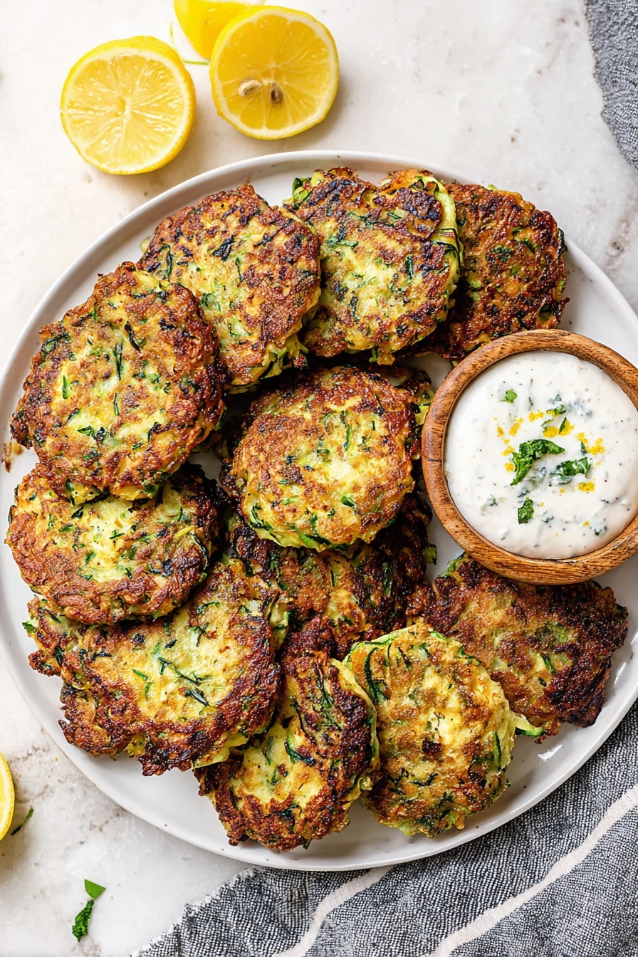A white plate is filled with about eleven round, golden-brown zucchini fritters showing a slightly crispy, textured surface with green flecks of herbs and zucchini pieces, arranged in a circular pattern. A small wooden bowl on the right side of the plate contains a creamy white dipping sauce topped with small green herb sprigs and lemon zest. Two lemon halves sit at the top left corner outside the plate, displaying bright yellow skin and pale yellow juicy interior. The plate rests on a white marbled surface with a gray and white striped cloth partially visible on the right side. photo taken with an iphone --ar 2:3 --v 7
