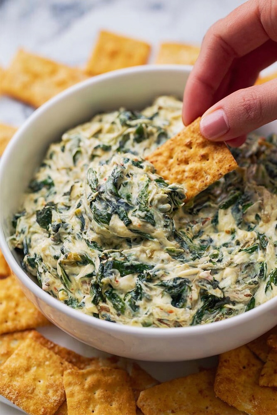 A white bowl filled with creamy spinach dip showing visible dark green spinach leaves mixed with a thick, pale yellow creamy sauce. A woman's hand is holding a textured rectangular golden cracker dipped in the spinach mixture. The bowl is placed on a white marbled surface with more golden rectangular crackers arranged around it. The overall look is fresh and inviting with the creamy texture contrasting the crunchy crackers. photo taken with an iphone --ar 2:3 --v 7