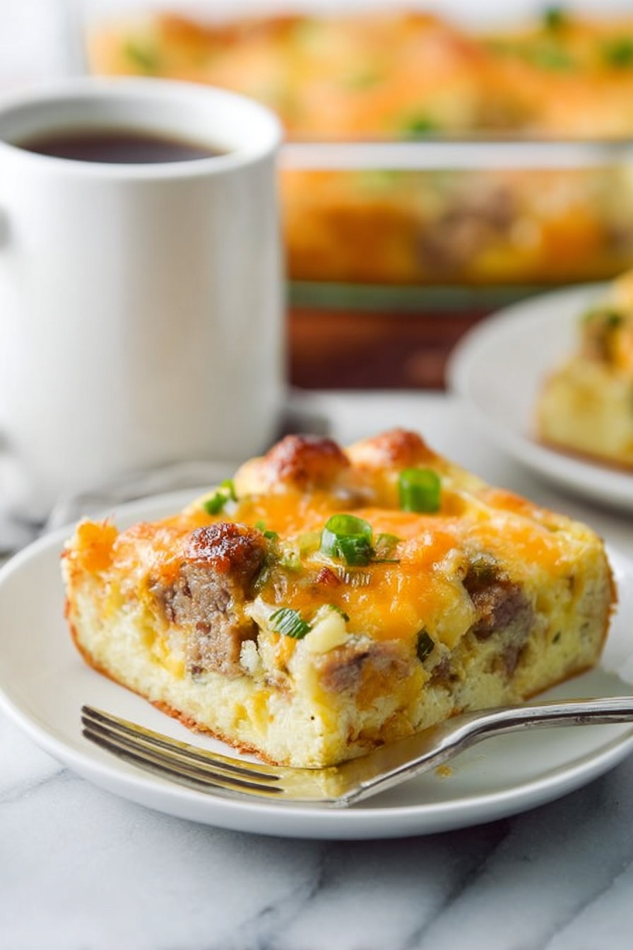 A slice of baked casserole sits on a white plate with a silver fork resting beside it. The casserole has three visible layers: the bottom layer is pale yellow and soft, the middle layer includes chunks of browned sausage and bits of green herbs, and the top layer is a golden-orange melted cheese with small green onion pieces sprinkled over it. In the blurred background, there is a white mug and a clear glass baking dish filled with more of the casserole. The whole scene is set on a white marbled surface. Photo taken with an iphone --ar 2:3 --v 7