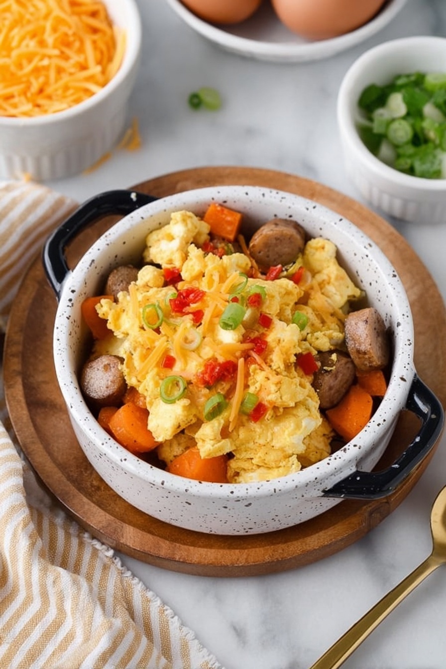 The image shows a small white speckled ceramic bowl with black handles filled with a layered dish. The bottom layer contains chunks of orange carrots and small round brown sausages. On top, there is a layer of light yellow scrambled eggs mixed with small red pieces, possibly tomatoes or red bell pepper. The dish is placed on a wooden round board on a white marbled surface, next to a gold spoon and a beige-and-white striped cloth. In the background, a white bowl filled with shredded orange cheese and a small white bowl with chopped green onions are visible. Photo taken with an iphone --ar 2:3 --v 7