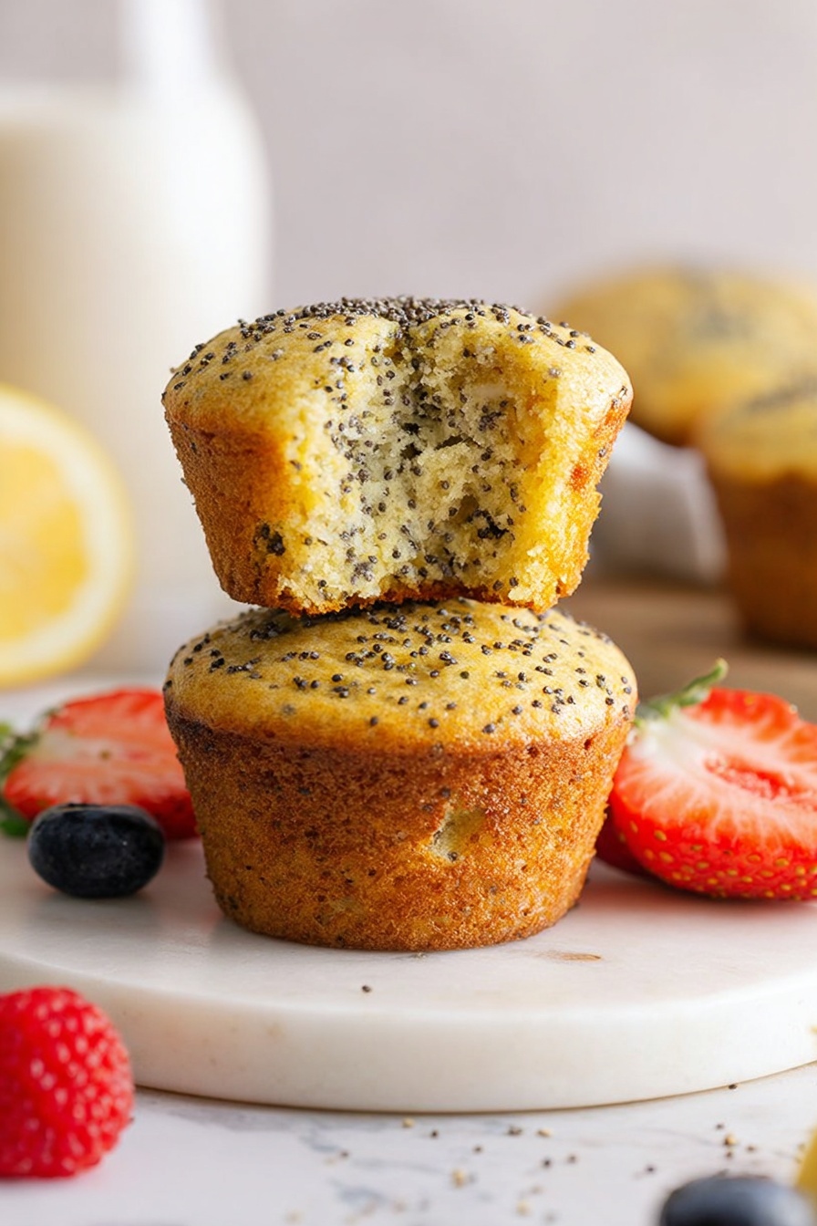 The image shows two lemon poppy seed muffins stacked on a small round white marble plate, with the top muffin having a bite taken out of it, revealing a light yellow inside full of black poppy seeds. The muffins have a golden-brown top with a slightly rough texture dotted with poppy seeds. Around the plate, there are whole and sliced red strawberries, a few blueberries, and a raspberry, all placed on a white marbled surface. In the background, a glass bottle of milk and a couple of lemon wedges are softly blurred. Photo taken with an iphone --ar 2:3 --v 7