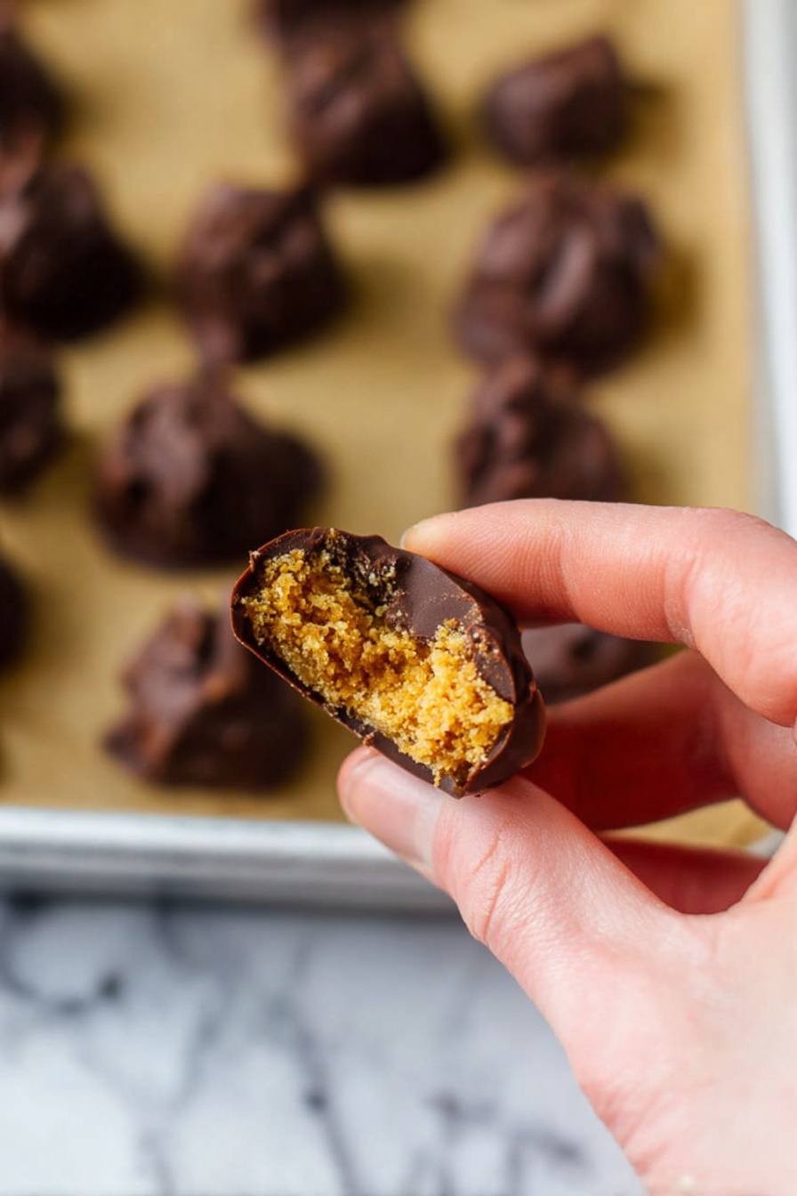 A clear round container filled with nine brown chocolate clusters wrapped individually in yellow paper cupcake liners arranged in a circular pattern. Below the container, on a tray lined with brown parchment paper, there are additional chocolate clusters scattered loosely. The surface underneath everything is a white marbled texture with a red and white checkered cloth partially visible on the side. The chocolate clusters have an uneven, bumpy texture, showing the rough shape of nuts or other ingredients inside. Photo taken with an iphone --ar 2:3 --v 7