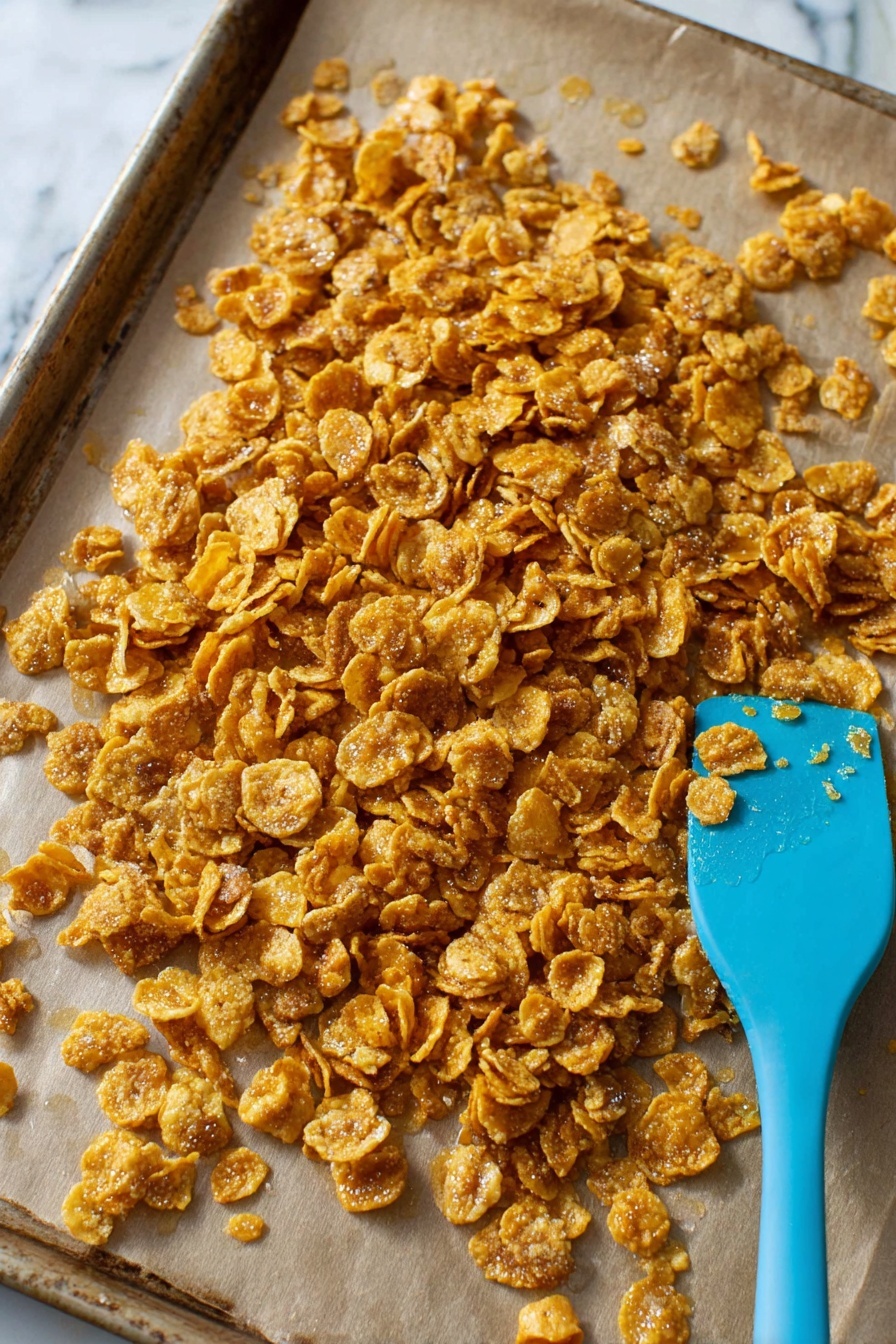 A close-up top view of a cluster of golden brown cereal flakes coated with a sticky, shiny glaze, spread unevenly on a piece of brown parchment paper that covers a metal baking tray; a bright blue spatula with a smooth surface lies near the top right corner, contrasting with the warm tones of the coated flakes, all set on a white marbled surface photo taken with an iphone --ar 2:3 --v 7