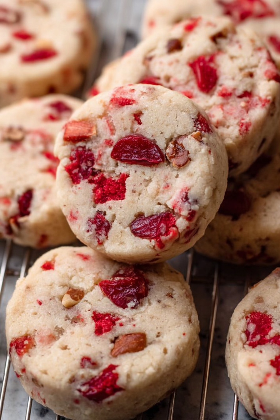 The image shows a pile of round cookies with a pale beige base, speckled with bright red pieces of cherries and small bits of nuts baked inside. The cookies have a rough texture with slightly browned edges, sitting on a metal cooling rack. The red pieces are embedded unevenly, adding vibrant pops of color throughout each cookie. The close-up view highlights the crumbly surface and dense inside of the cookies. The background is a white marbled texture. Photo taken with an iphone --ar 2:3 --v 7