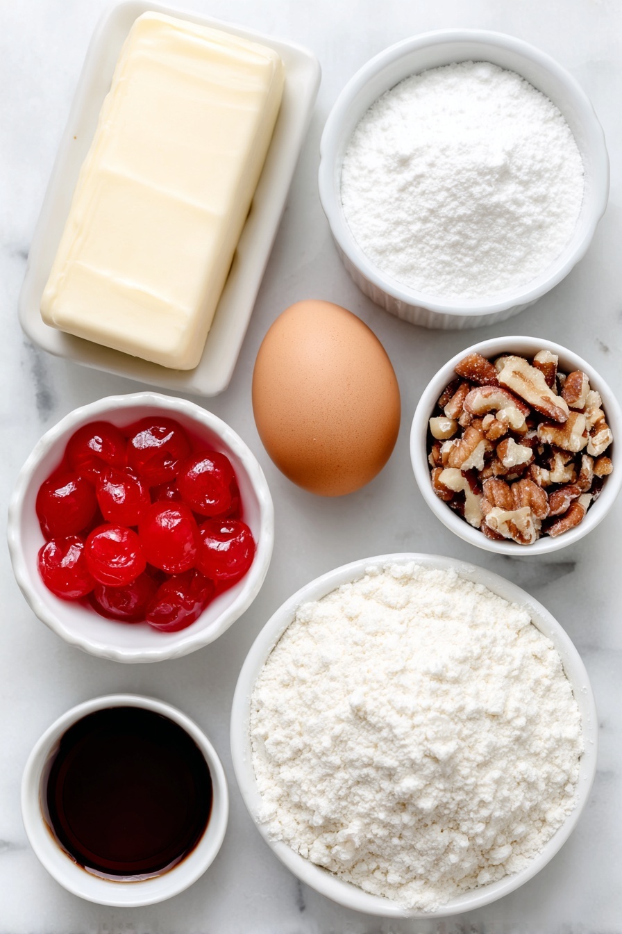 Flat lay of a stick of fresh unsalted butter, a small white ceramic bowl of fine powdered sugar, one whole uncracked brown egg, a small white ceramic bowl of clear vanilla extract, a small white ceramic bowl filled with white all-purpose flour, a small white ceramic bowl containing chopped mixed nuts, and a small white ceramic bowl of glossy bright red candied cherries, all arranged symmetrically and balanced, placed on a clean white marble surface, soft natural light, photo taken with an iPhone, professional food photography style, fresh ingredients, white ceramic bowls, no bottles, no duplicates, no utensils, no packaging --ar 2:3 --v 7 --p m7354615311229779997