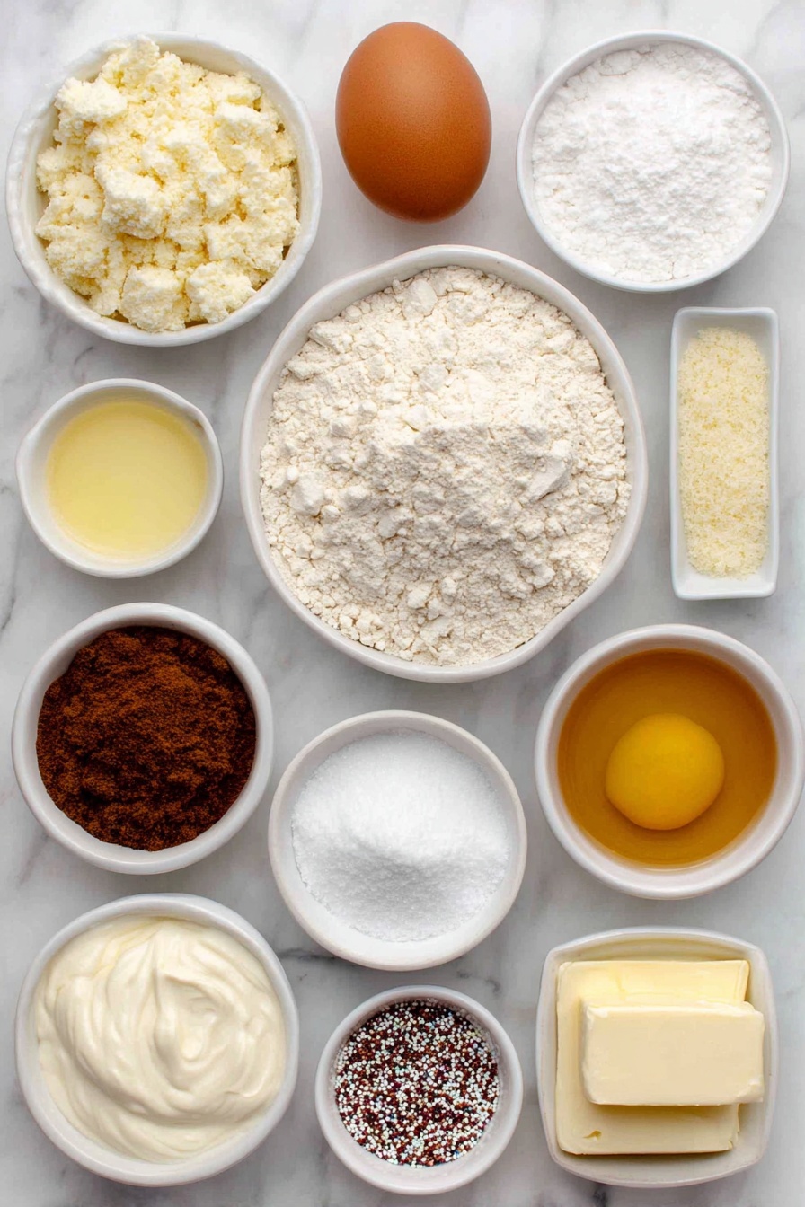 Flat lay of a small mound of pale all-purpose flour, a small bowl of light brown sugar, a small bowl of ground cinnamon with warm brown tones, a small bowl of ground nutmeg with fine texture, a small bowl of fine salt with tiny white grains, a small white ceramic bowl holding melted golden butter, a small bowl of baking powder with fine white powder, a small bowl of baking soda also white and powdery, a stick of unsalted butter at room temperature with a smooth, creamy surface, a small bowl of granulated white sugar with sparkling crystals, one large brown egg with a clean uncracked shell, a small white bowl filled with creamy pale beige eggnog, a small white bowl with thick white sour cream, a small bowl of light amber vanilla extract, a small bowl of finely sifted powdered sugar, and a small bowl of multicolored sprinkles, all arranged with perfect symmetry on a clean white marble surface, soft natural light, photo taken with an iPhone, professional food photography style, fresh ingredients, white ceramic bowls, no bottles, no duplicates, no utensils, no packaging --ar 2:3 --v 7 --p m7354615311229779997