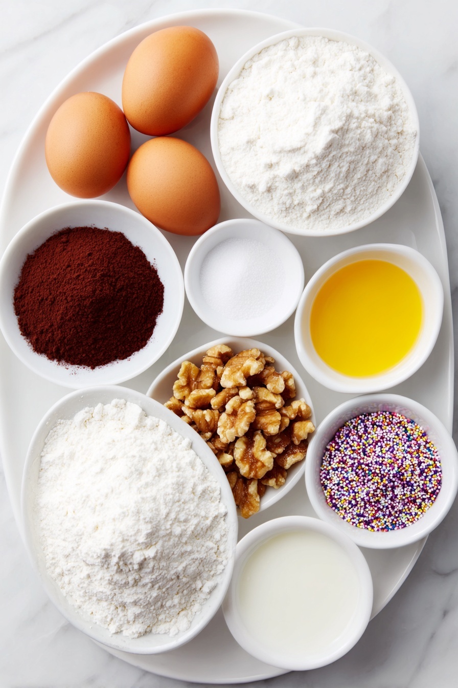 Flat lay of a small mound of all-purpose flour on a simple white ceramic plate, a small white bowl filled with unsweetened cocoa powder, a tiny white bowl with warm brown cinnamon powder, another small white bowl containing mixed ground nutmeg, cloves, and allspice, two large brown whole eggs with clean shells, a small white bowl holding granulated sugar, a small white bowl with clear neutral oil, a small white bowl filled with fresh milk, a small white bowl containing golden vanilla extract, a handful of chopped walnuts arranged neatly on the white plate, a small white bowl brimming with mini chocolate chips, a small white bowl with fluffy powdered sugar, and a small white bowl holding colorful sprinkles, all ingredients fresh and natural, perfectly spaced in a balanced symmetrical layout, placed on a clean white marble surface, soft natural light, photo taken with an iPhone, professional food photography style, fresh ingredients, white ceramic bowls, no bottles, no duplicates, no utensils, no packaging --ar 2:3 --v 7 --p m7354615311229779997