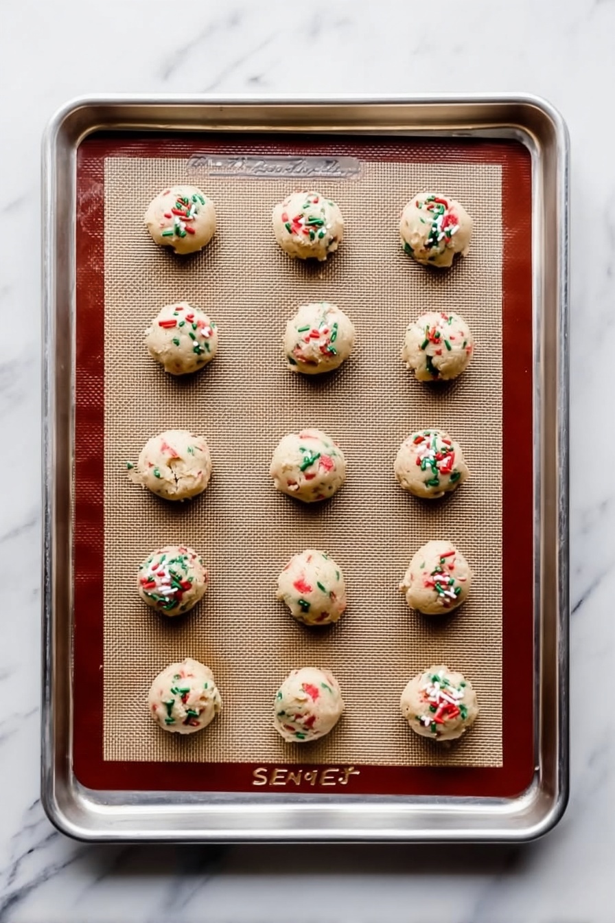The image shows a metal baking tray with a brown silicone baking mat on a white marbled surface. On the mat, there are 15 round cookie dough balls arranged in three rows of five, evenly spaced. Each cookie dough ball is light beige with small bits of red and green mixed evenly inside. Some of the dough balls are topped with small colorful sprinkles in red, green, and white. The scene looks clean and neat, with the cookies ready to bake. photo taken with an iphone --ar 2:3 --v 7