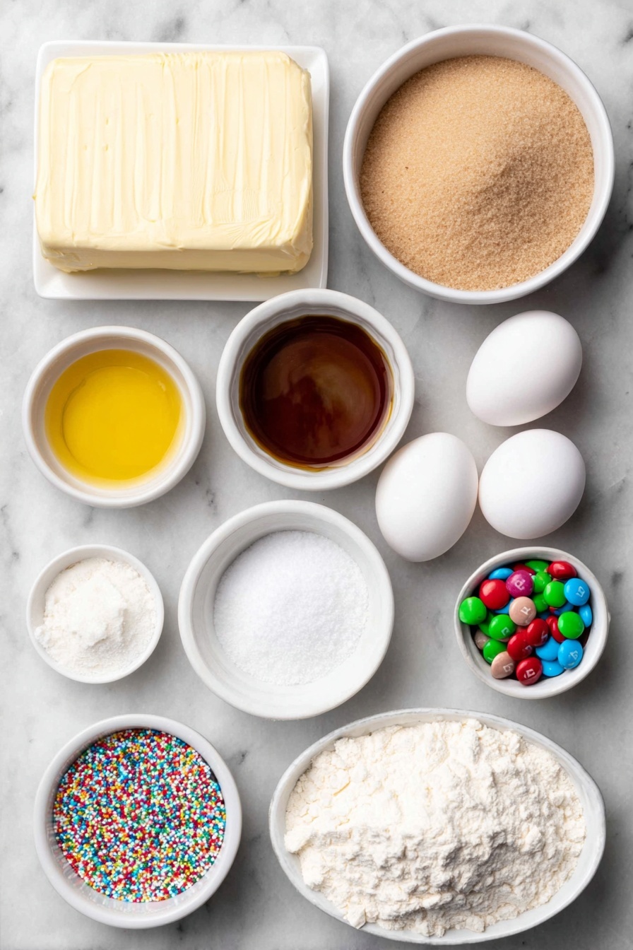 Flat lay of a large pat of unsalted butter, a mound of packed brown sugar, two large whole eggs with clean shells, a small white bowl of golden vanilla extract, a small white bowl of fine salt, a small white bowl of baking powder, a heap of all-purpose flour, a small white bowl filled with colorful Christmas M&Ms, a small white bowl of multicolored Christmas jimmie sprinkles, all arranged symmetrically on a clean white marble surface, soft natural light, photo taken with an iPhone, professional food photography style, fresh ingredients, white ceramic bowls, no bottles, no duplicates, no utensils, no packaging --ar 2:3 --v 7 --p m7354615311229779997