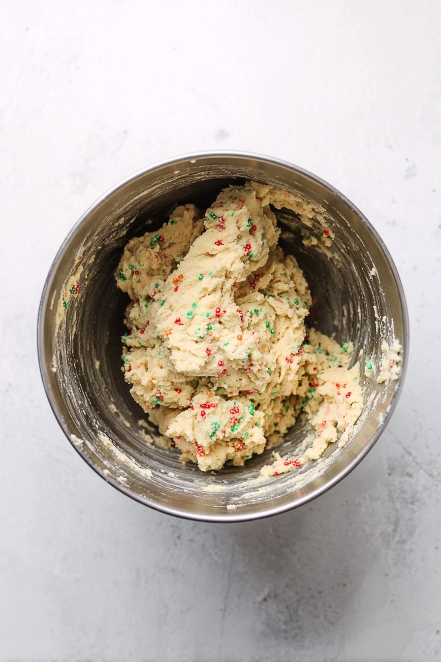 A top view of a metal mixing bowl filled with thick cookie dough that has red and green sprinkles mixed inside, placed on a white marbled texture surface. The dough is creamy off-white, with a slightly rough texture dotted with colorful sprinkles throughout. The inside of the bowl has some dough stuck on the sides, showing the mixing process. photo taken with an iphone --ar 2:3 --v 7