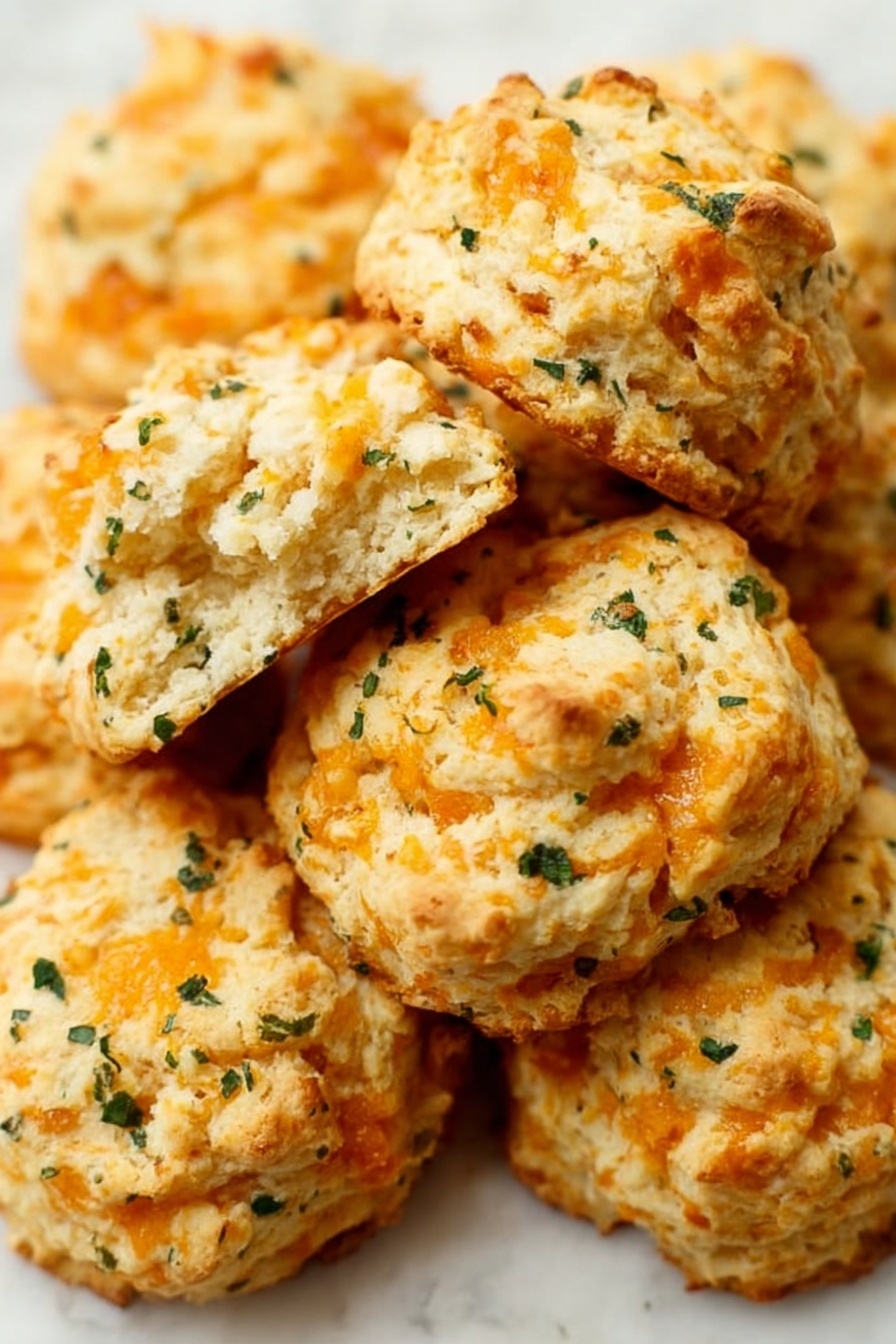 The image shows a close-up of seven round, golden biscuits arranged on a white plate placed on a white marbled surface. Each biscuit is slightly rough in texture with uneven, soft edges and baked to a light golden brown color with small patches of melted cheese throughout. Shredded cheese is visible both baked into and on top of each biscuit, giving spots of deeper orange color. A light sprinkle of green herbs is scattered over the biscuits, adding contrast to their warm tones. The background is softly blurred, keeping the focus on the biscuits. photo taken with an iphone --ar 2:3 --v 7