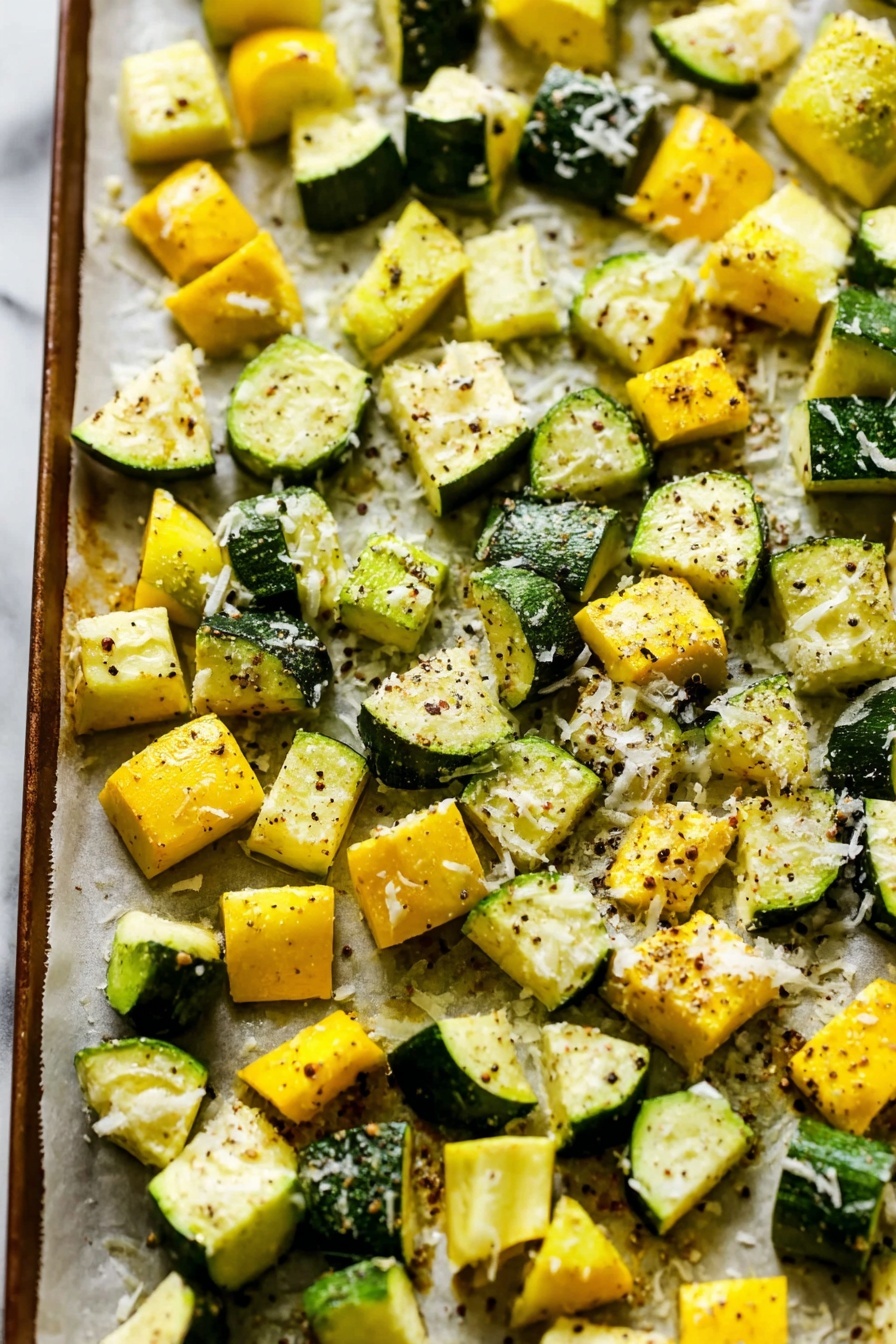 The image shows a close-up of a baking tray with small cubes of green zucchini and yellow squash spread out in one even layer. Each vegetable piece is coated lightly with black pepper and some flakes of seasoning, with a sprinkling of grated white cheese scattered over the top. The vegetables have a slightly glossy texture, hinting they were tossed in oil before baking. The baking tray is lined with parchment paper, and the background is a white marbled texture. photo taken with an iphone --ar 2:3 --v 7