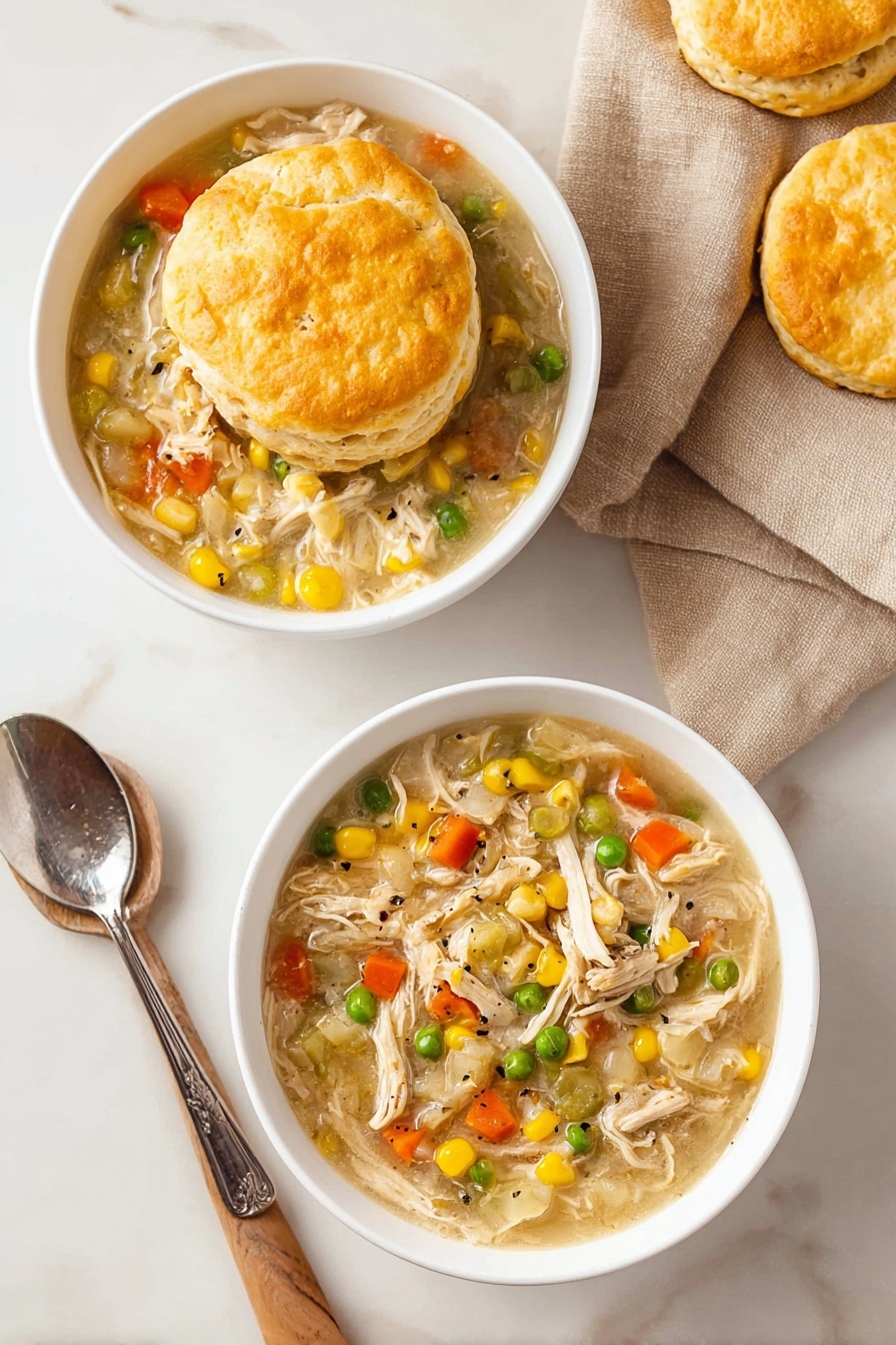 The image shows two white bowls filled with thick chicken soup containing visible layers of shredded chicken, bright orange carrot cubes, yellow corn kernels, and green peas mixed in a light broth; one bowl is fully topped with a golden-brown biscuit that looks soft and slightly puffed, while the other bowl's soup is uncovered showing the colorful ingredients inside. Both bowls are placed on a white marbled surface, with a silver spoon beside the bowl with the biscuit, and a beige cloth with a wooden spoon resting on it near the top bowl. There is also a stack of golden biscuits on the right side of the image. Photo taken with an iphone --ar 2:3 --v 7