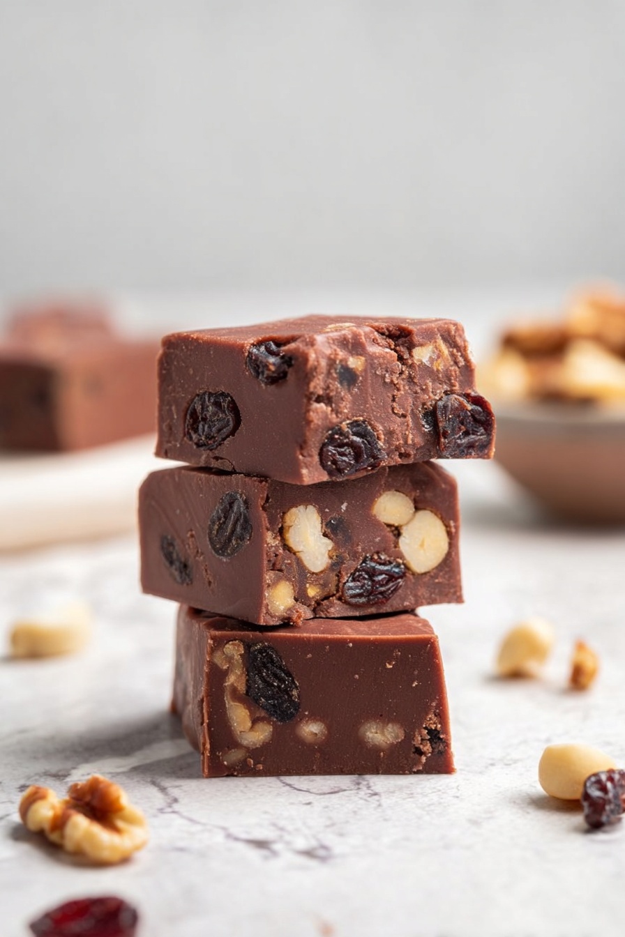 A stack of three square fudge pieces is shown on a white marbled surface, each piece filled with visible dark dried fruits and light-colored nuts. The top piece reveals a dense chocolate texture with chunks of dried fruit, the middle piece also shows scattered nuts and dark fruit inside, and the bottom piece clearly displays large nut pieces embedded in the chocolate. Around the stack, there are small nut pieces scattered on the white marbled surface. The background is softly blurred, keeping the attention on the rich, dense fudge texture. Photo taken with an iphone --ar 2:3 --v 7