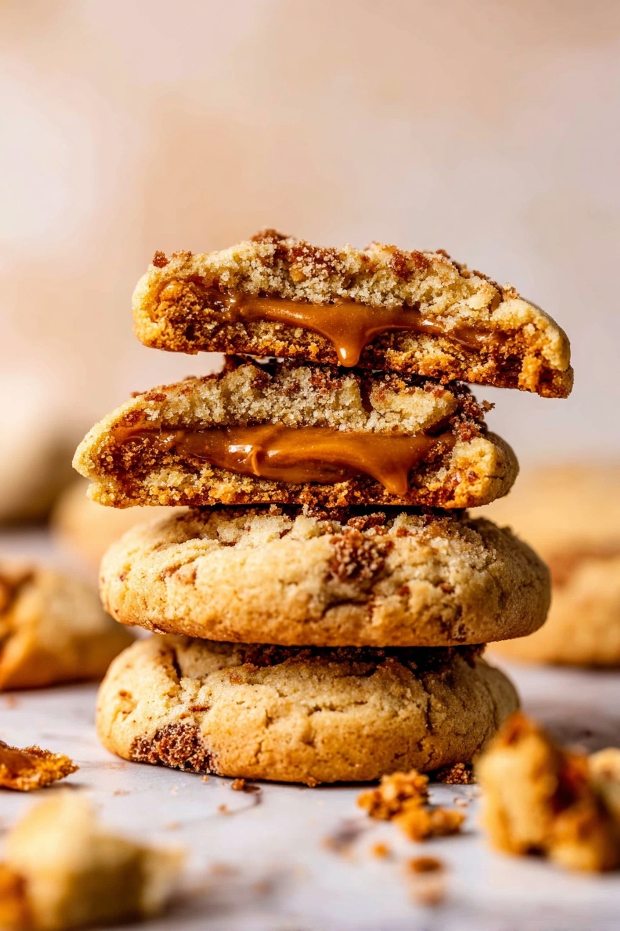 The image shows a close-up of three soft, round cookies with cracked tops and a golden brown color. One cookie in the center has a melted caramel pool in the middle, surrounded by small crumbly bits of cookie. Another cookie on the side is plain with scattered crumbs on top, while the bottom cookie is slightly larger with a rough textured surface and bits of crumbs all over. There are broken pieces of cookies lying around them on a white marbled surface, adding a crunchy texture to the scene. photo taken with an iphone --ar 2:3 --v 7