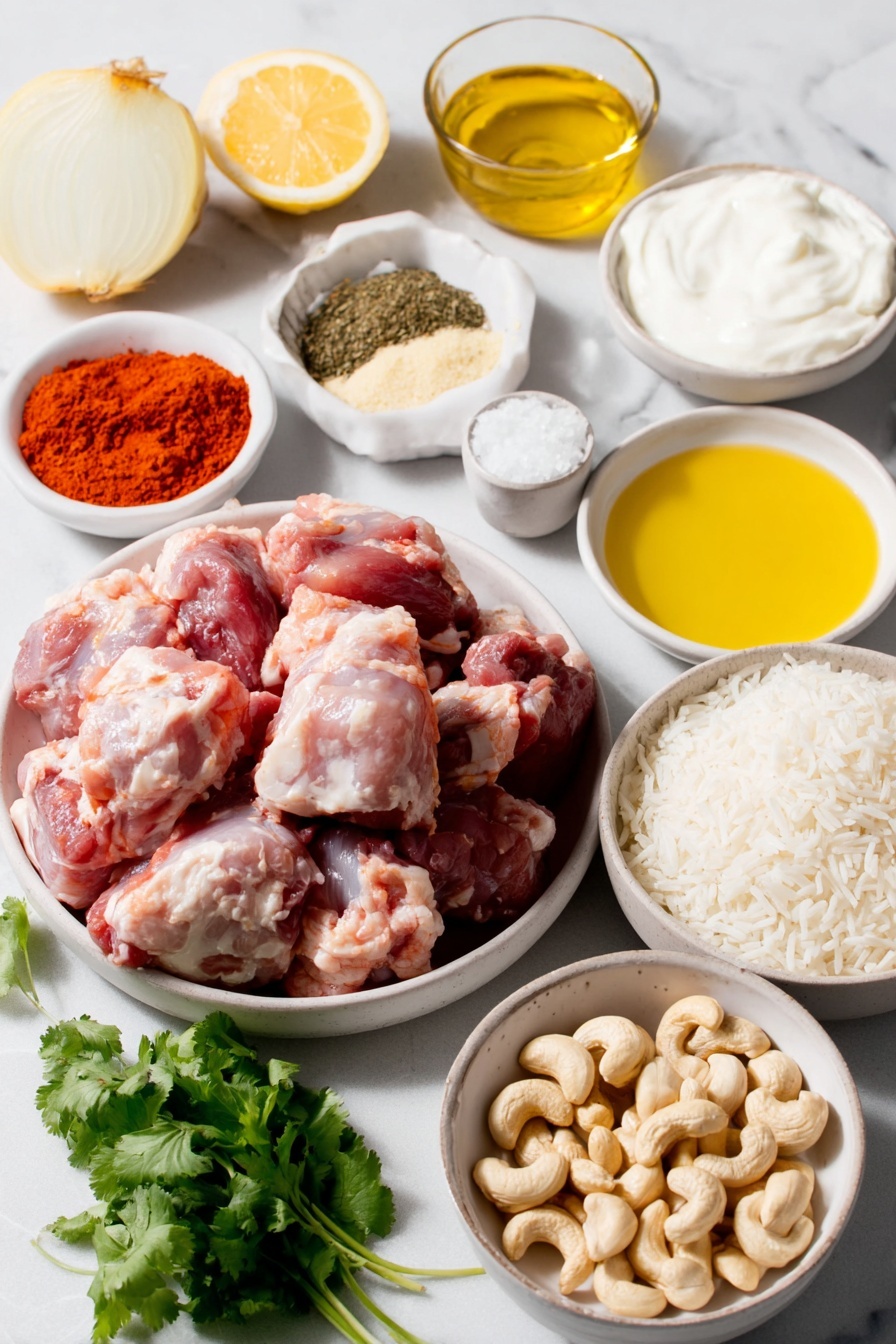 Flat lay of diced raw boneless skinless chicken thighs in a simple white ceramic bowl, a small white bowl of thick full-fat Greek yogurt, a small white bowl with fresh lemon wedges, a small white bowl of finely minced fresh ginger, a small white bowl of minced garlic cloves, a small white bowl filled with vibrant deep red Kashmiri chili powder, a small white bowl of ground garam masala, a small white bowl of bright yellow ground turmeric, a small white bowl of coarse sea salt, a small white bowl of golden extra-virgin olive oil, a medium peeled and diced yellow onion on a white ceramic plate, a small white bowl of ground coriander powder, a small white bowl of ground cumin, raw whole cashew nuts neatly arranged on a white ceramic plate, a small white bowl of coconut sugar crystals, a simple white ceramic bowl filled with crushed fresh tomatoes, a small white bowl of clear water, two pats of unsalted butter on a white ceramic plate, a small white bowl holding heavy cream, a neat mound of uncooked basmati rice grains on a white ceramic plate, a small bunch of freshly chopped green cilantro leaves on a white ceramic plate, all perfectly balanced and symmetrically placed on a clean white marble surface, soft natural light, photo taken with an iPhone, professional food photography style, fresh ingredients, white ceramic bowls, no bottles, no duplicates, no utensils, no packaging --ar 2:3 --v 7 --p m7354615311229779997